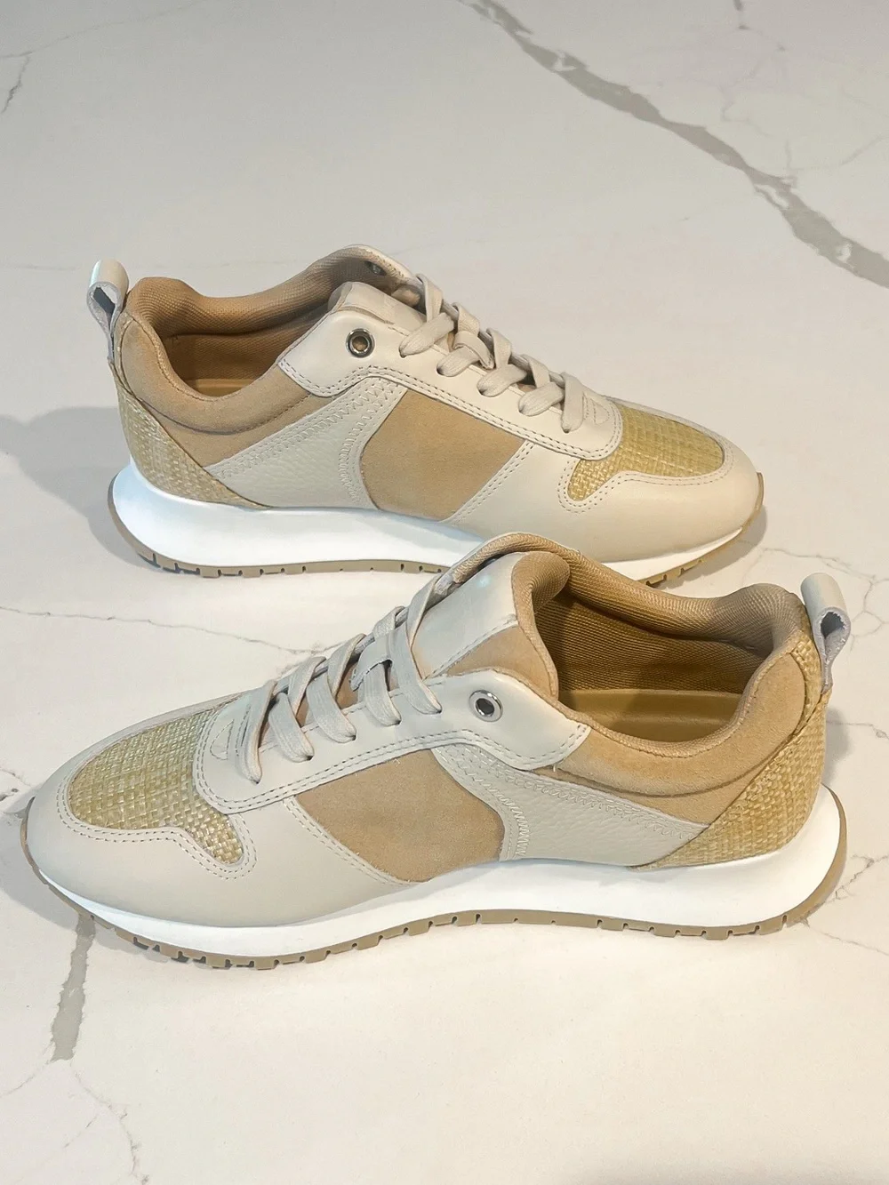 J. McLaughlin Emerson Rattan Leather Suede Tan and Beige Sneakers Womens Sz 7 M